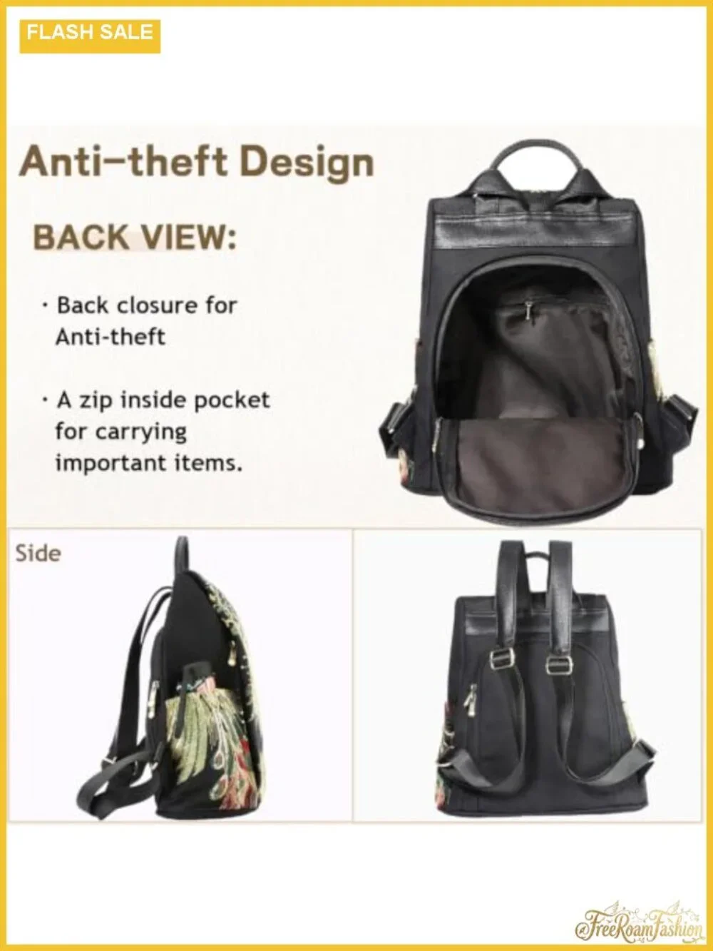 Glitter Embroidery Women Canvas Backpack Purse Anti-theft Rucksack Shoulder Bag